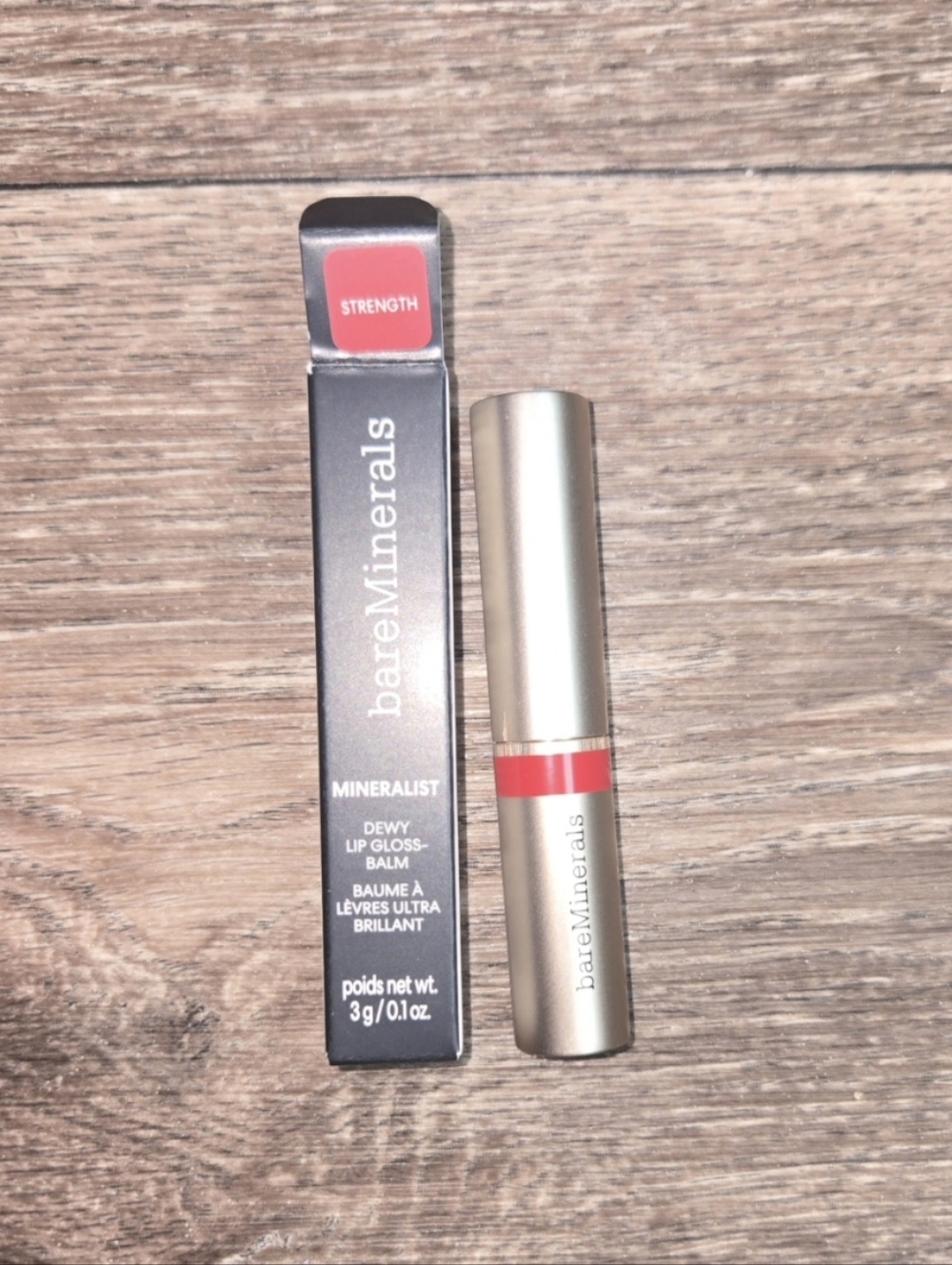 BAREMINERALS Dewy Lip Gloss-Balm in Strength (Soft Red) NIB